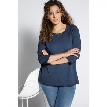 Maglia Donna con Dettagli in Pizzo, Scollo a Girocollo, Maniche a 3/4, Blu, Taglia 64/66, Cotone