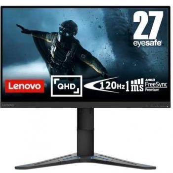 Lenovo, G27qe-20 Monitor Gaming con Eyesafe (QHD, IPS, 100 Hz, 1 ms, HDMI y DP, Cable HDMI, FreeSync, Base Metálica) Ajuste de inclinación/Altura, Negro, 27 Pulgadas