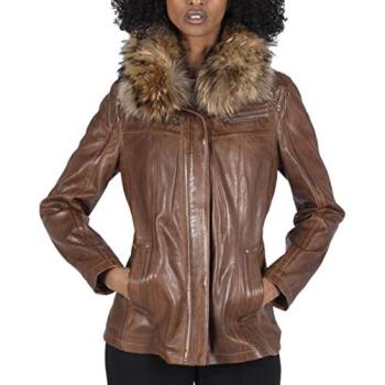 Caramel Crest Leather Short Overcoat with Hood – XL