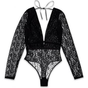 Body con escote V y encaje negro