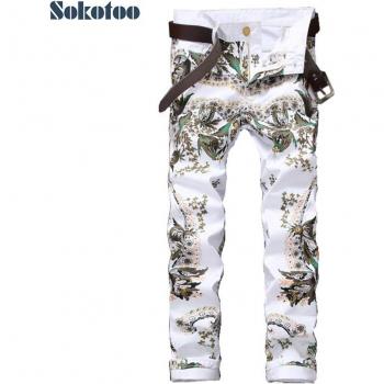 Sokotoo Men's Slim Skinny Jeans with 3D Flower Pattern