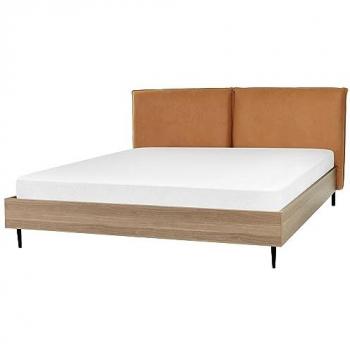 Lit double en cuir marron doré 180 x 200 cm avec tête de lit rembourrée