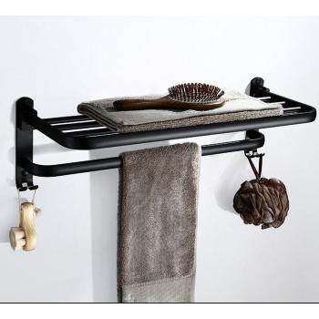 Toallero de baño con estante plegable de aluminio negro