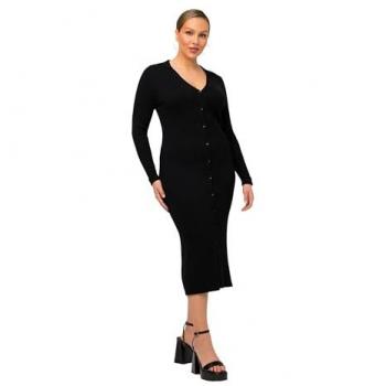 Damen Strick-Midikleid in Schwarz, große Größen, Hemdkragen, V-Ausschnitt, Größe 54/56