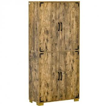HOMCOM Farmhouse Style Tall Cupboard 4-Door Cabinet with Storage Shelves for Bedroom & Living Room, Rustic Wood Effect