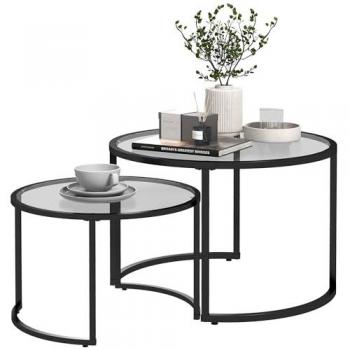 Homcom Modern Round Glass Nesting Coffee Table Set of 2 with Tempered Glass Top and Steel Frame, Black