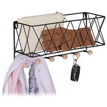 Coat Rack Wall Shelf, Metal & Wood, Lattice Design, Black, 17 x 36 x 13 cm