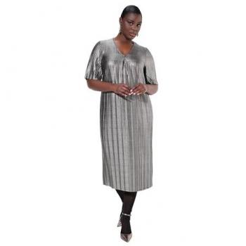 Ulla Popken Damen Midikleid Silber-Plissee A-Linie V-Ausschnitt Größe 46/48