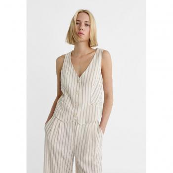 Ecru Linen Blend Waistcoat with Stripes XS by Stradivarius