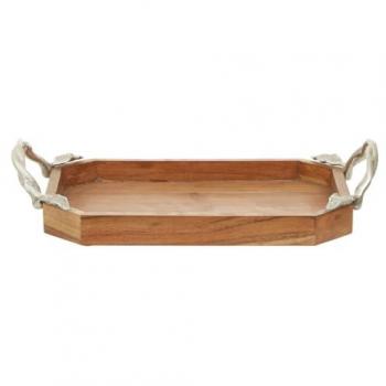 Sustainable Acacia Wood Small Rectangular Tray with Aluminium Leaf Handles