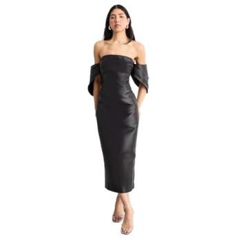Warehouse Women’s Black Bardot Midi Dress, Structured Puff Sleeves – 12