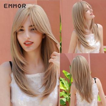 EMMOR Medium Length Layered Ombre Wavy Synthetic Wig Brown to Blonde with Bangs for Women