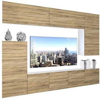 Unité murale Belini NEX 2.0 – Ensemble salon complet, LED, bois chêne Wotan, couleur noir brillant
