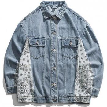 Chaqueta de mezclilla con diseño floral de anacardo, unisex, ropa informal de algodón, estilo Hip Hop, bloques de color, otoño