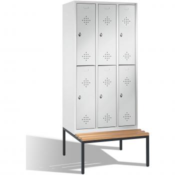 C+P Garderobenschrank mit Sitzbank 3 Abteile Lichtgrau, Enzianblau