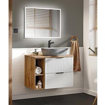 LOMADOX Badezimmer Waschplatz Set 2-teilig weiß ADELAIDE-56-WHITE Modern mit Eiche Nb., Front in Rillenoptik