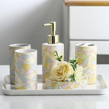 Ceramic Geometric Bathroom Set (5 pcs) with Melamine Trays