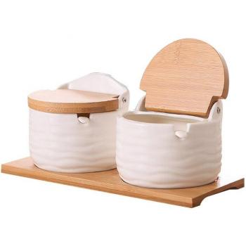 Bamboo-Lid Porcelain Spice Jars with Wooden Tray