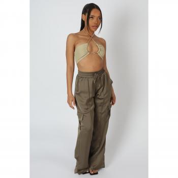 Loop Ruched Chain Strap Crop Top in Sage for UK Size 10