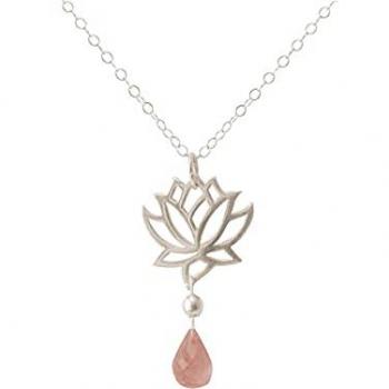 Gemshine Kette mit Lotusblumen-Anhänger und Rosenquarz‑Tropfen – 925 Silber (Made in Spain)