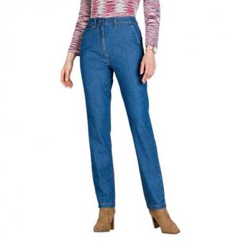 Amber Blue Stretch Denim with Angled Pockets and Button Tab