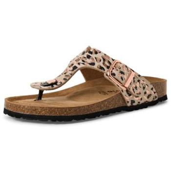 Sandales plates de cuir beige à motif léopard