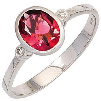 JOBO Goldring Damen 585 Weißgold 1 Turmalin rosa 2 Diamanten Größe 58