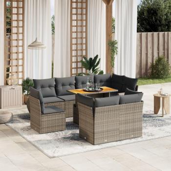 9-Piece Grey Rattan Garden Sofa Set with Cushions