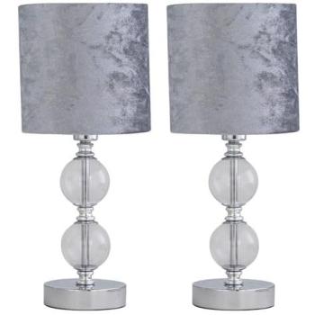 Grey Velvet Chrome Table Lamp Pair