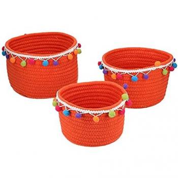Cestina pompon tondo arancione in tessuto 19x15 cm
