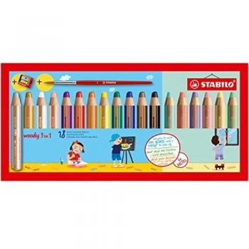 Etui carton de 18 crayons de couleur STABILO woody 3 in 1 + 1 taille-crayon + 1 chiffon
