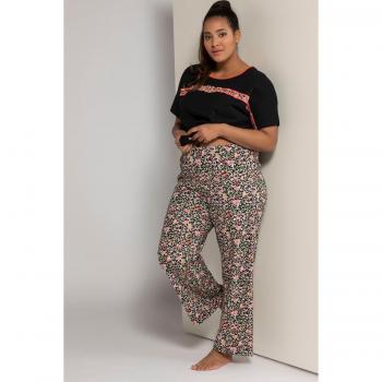 Pantaloni da casa in viscosa con motivo leopardato, donna, neri, taglia 60/62