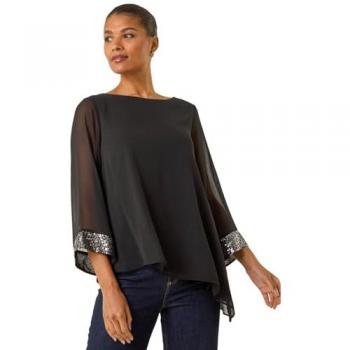 Black Roman Elegance Sequin Cuff Blouse – Size 18