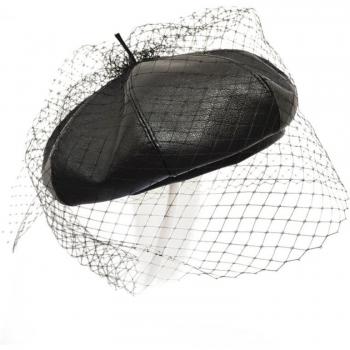 Bonnet Béret Noir Double Couche, Cuir Français, Voile et Maille