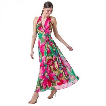 Roman Roman Pink Flower Pattern Halterneck Maxi Kleid