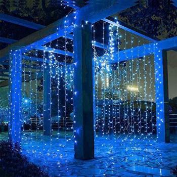 Hezbjiti 600 LEDs Tenda Luminosa 6m x 3m, Luce Stringa Luminosa 8 Modalità Luce Catena, Decorare Interni ed Esterni Salotto Finestra Porta Patio Giardino Feste Natale Halloween Matrimonio (Blu)