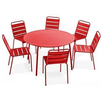 Tavolo Rotondo Oviala + 6 Sedie Metallo Rosso – Set Esterno