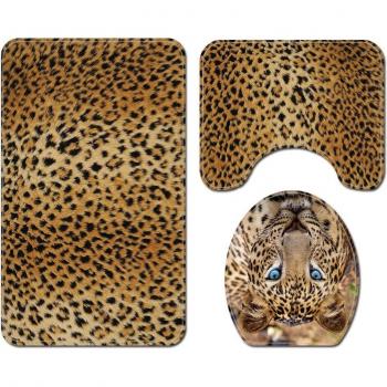Leopard Design Bathroom Curtain and Soft Bath Carpet Set