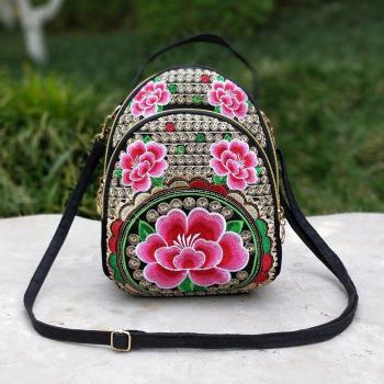 Mini-Rucksack für Frauen mit Blumenstickerei und Reißverschluss im Retrostil