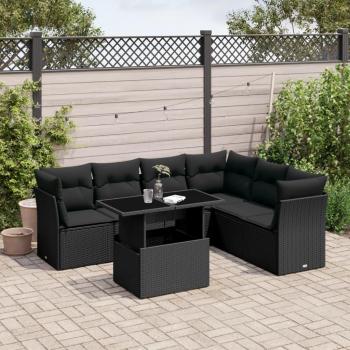 7-Piece Outdoor Sofa Set in Black Poly Rattan with Cushions