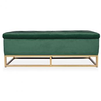 Banquette coffre Angele velours vert, pieds en or