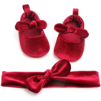 Newborn Baby Girl Soft Gold Velvet Slip-On Crib Shoes with Hairband 0-18M