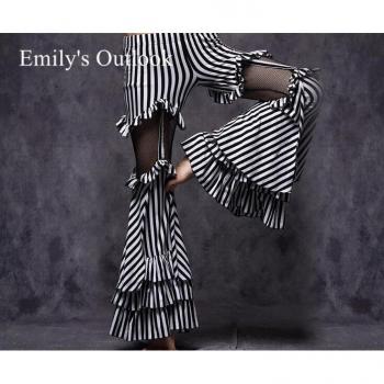 Cotton Garter Pants with Stripe Side Slit for Belly Dance M/L Black/White/Maroon