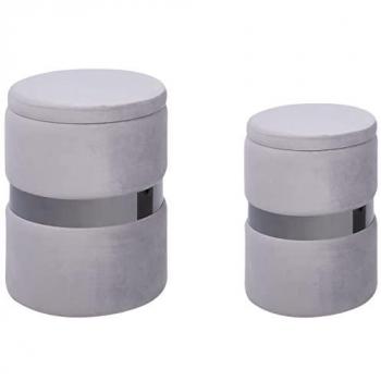 Light Grey Velvet Pouffe Set of 2 with Storage and Metal Detail