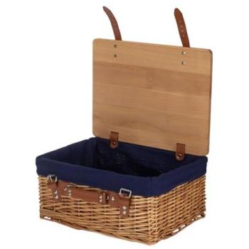 Navy Lined Willow Picnic Hamper – Double Steamed, Brown Pinewood Lid, Medium Size