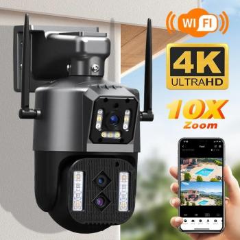 Cameretta IP Esterna UE 12MP 6K PTZ Tripla Lente, Schermo Doppio, Zoom 10X, Auto-Rilevamento, Impermeabile, Protezione CCTV 4K 8MP