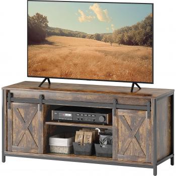 TV Bänk Vintage Stil, 60'' TV, 6 Fack, 2 Skjutdörrar, Rustik Brun/Svart