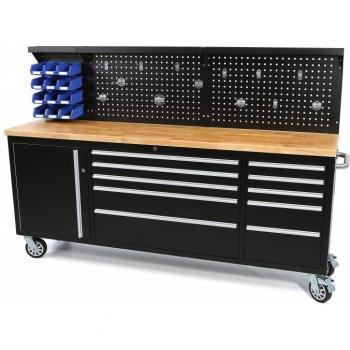 HBM Robuste Holzwerkbank mit Rückwand und Werkzeugwagen 215 cm