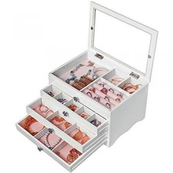 Weißes Luxus‑Schmuckkästchen Damen – 4 Ebenen + 3 Schubladen + Glasdeckel