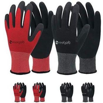 COOLJOB Work Gloves for Men, 6 Pairs, Breathable Rubber Coated, Medium Size, Black & Red